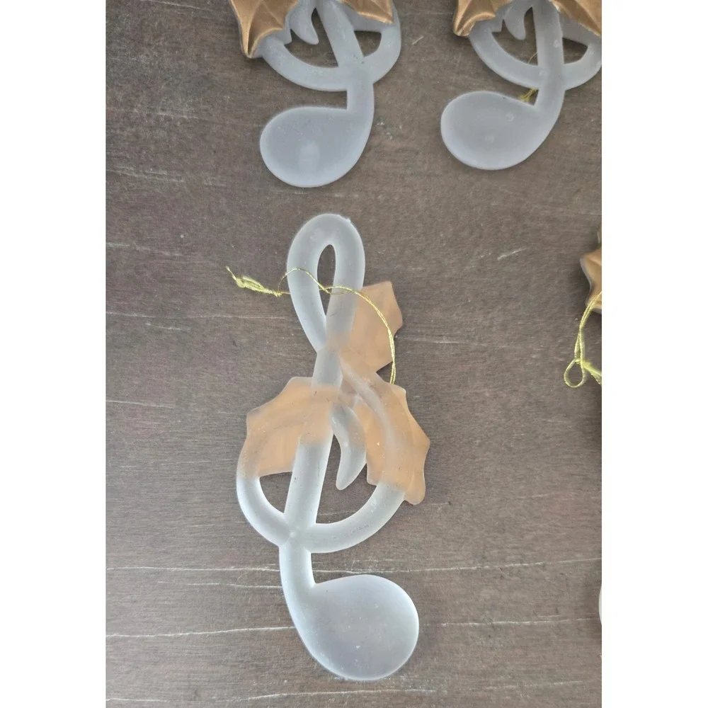 7 Vintage Frosted Glass Treble Clef Christmas Ornaments Gold Holly Music Lot